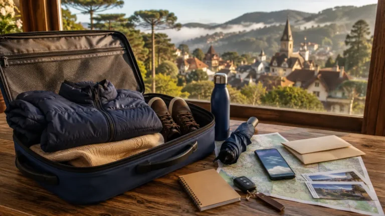 Mala preparada para uma viagem à Serra Gaúcha com roupas, mapa, guarda-chuva e itens de planejamento